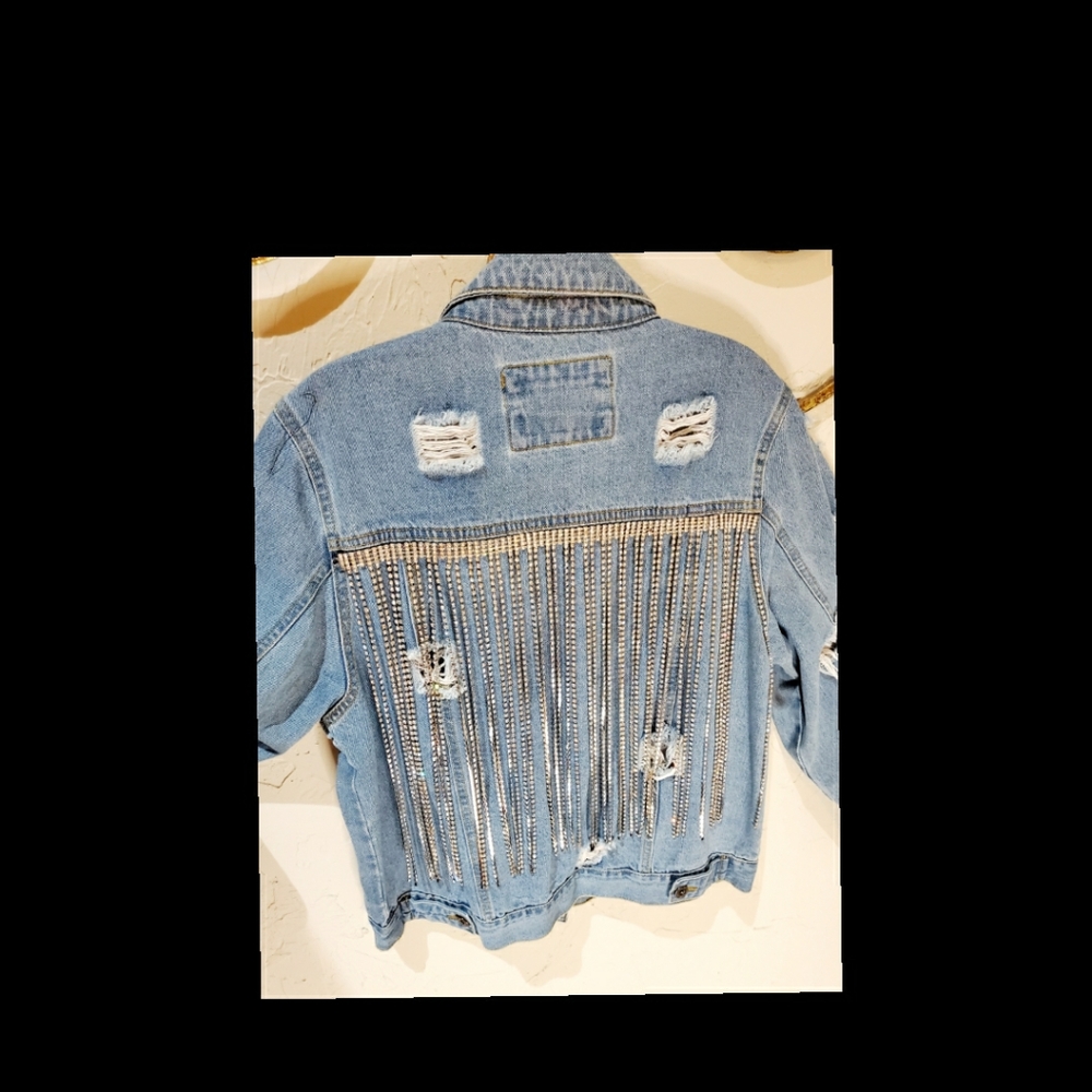 Denim Jacket w/ Rhinestone Fringe - Picture 3 of 3
